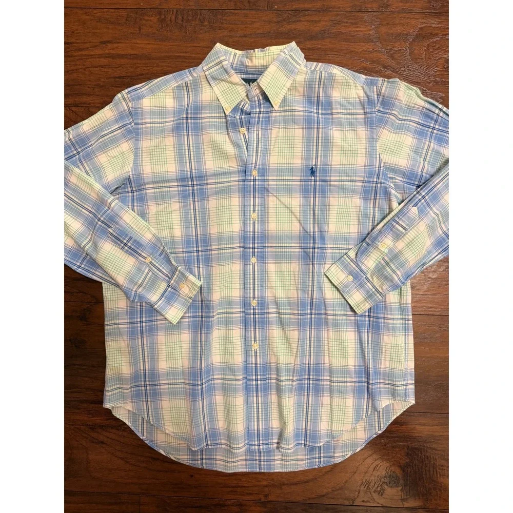 Polo Ralph‎ Lauren Mens XL Classic Fit Plaid Button Down Shirt Blue Green Cotton